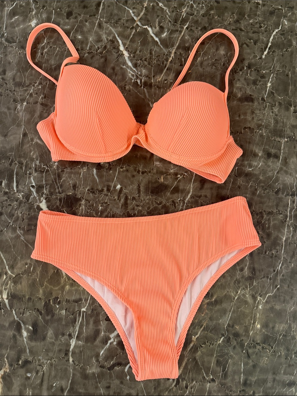 SHEIN Fluorescent Orange Textured Ribbed Bikini Set